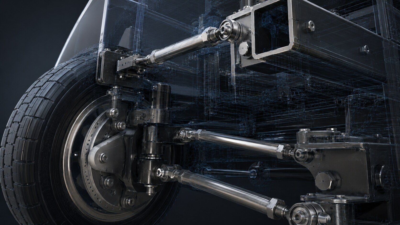 HerzRad Vorderachse & Radaufhängung — photorealistisches Render mit CAD-Overlay