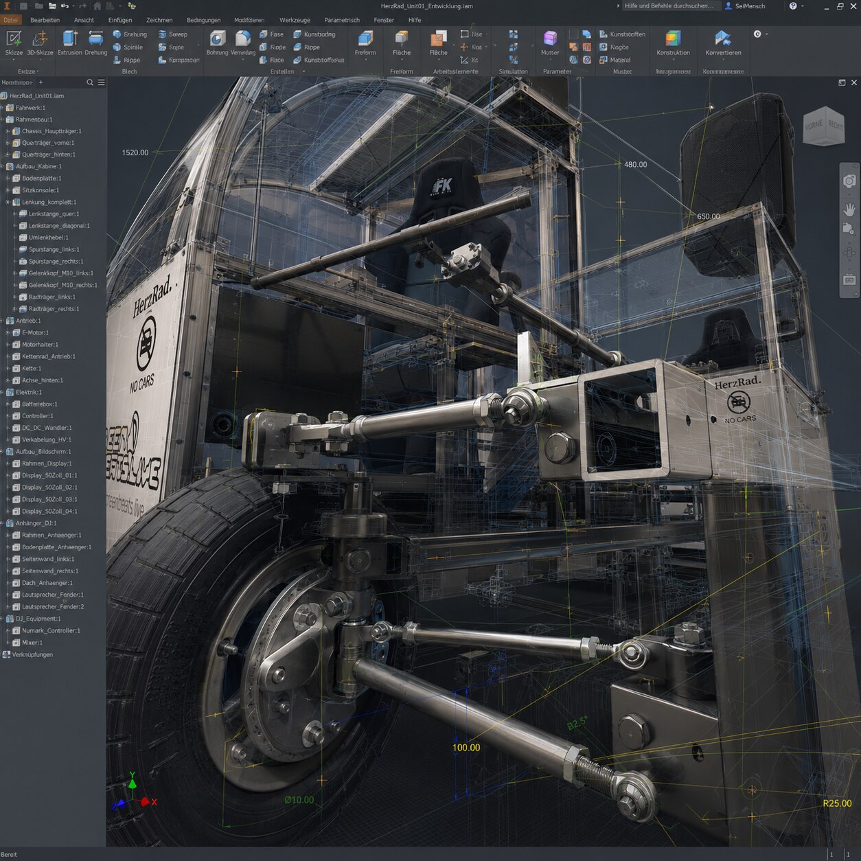 HerzRad Unit01 Autodesk Inventor — Lenkungsgeometrie und Radaufhängung